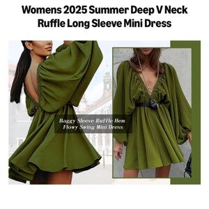 Amazon Olive Green V-Neck Ruffle Mini Dress